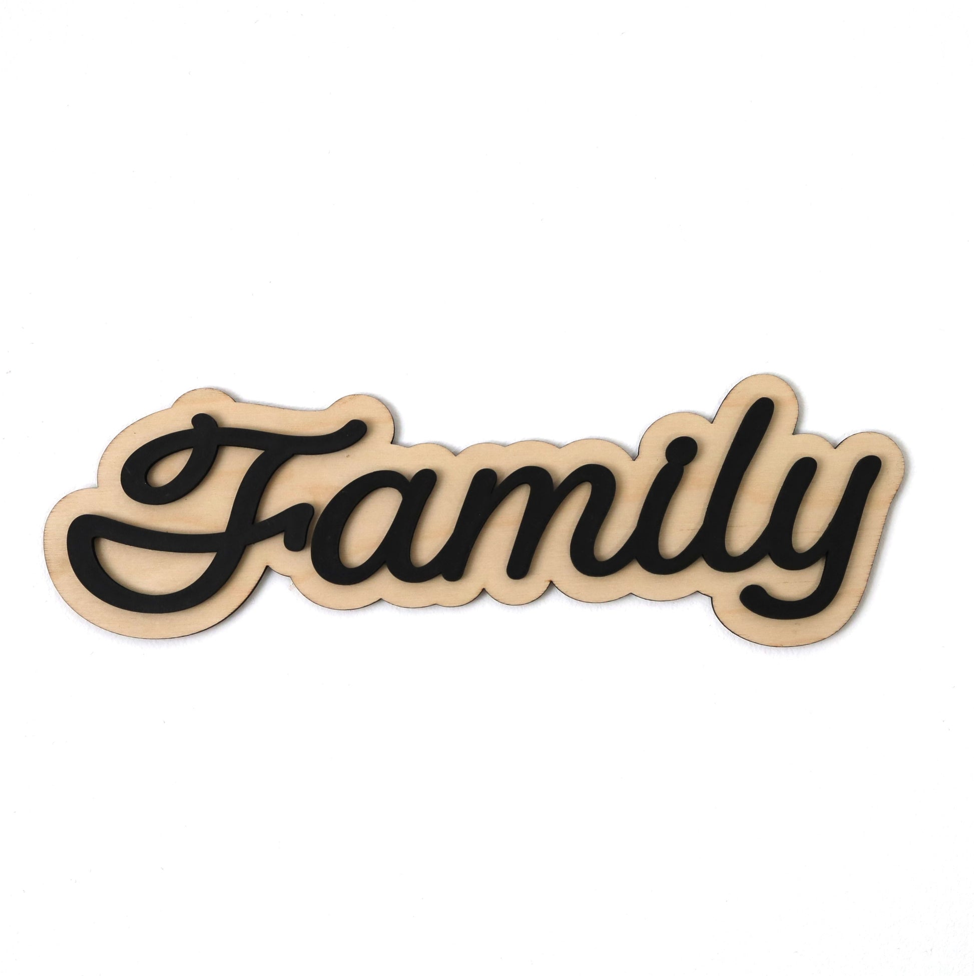 Family décor sign featuring layered cursive lettering in black on premium birchwood, ideal for rustic home accents and easy installation.