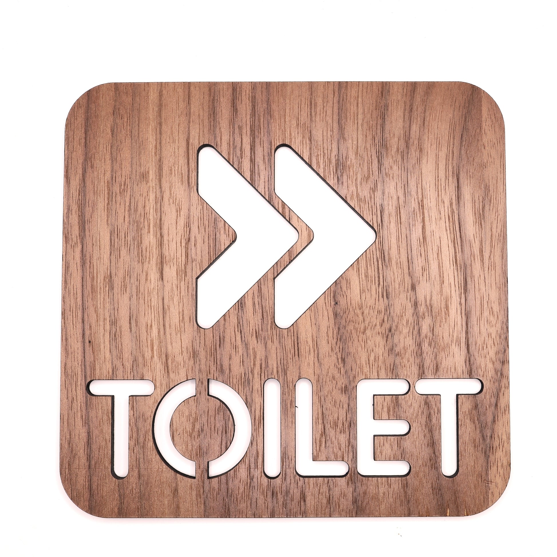 Stylish and durable walnut wood toilet directional sign mounted on a wall.