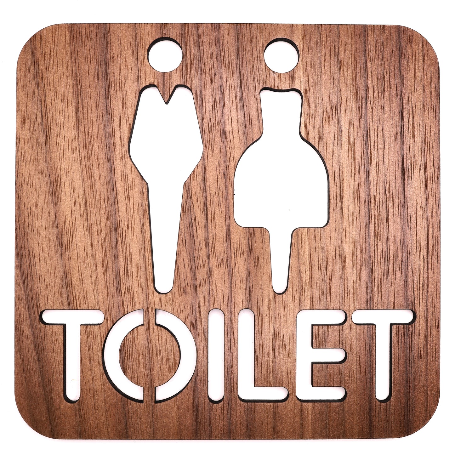 Minimalist walnut wood restroom sign for office and restaurant use.